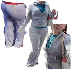 Cute, grey, juicy couture tack suit with embroidered juicy Symbol on butt